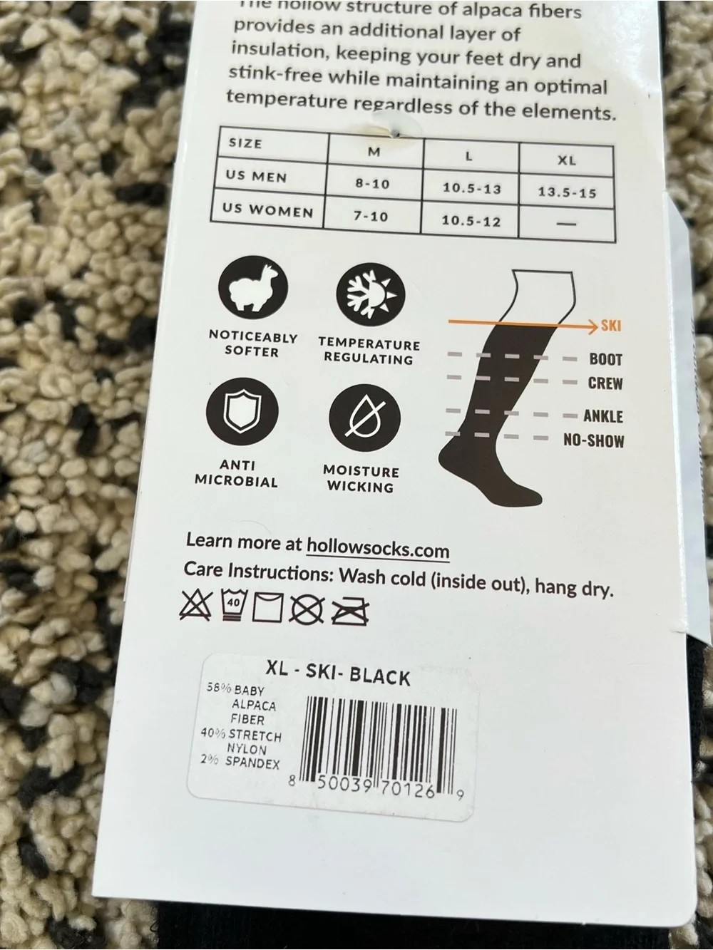 Hollow Alpaca Ski Socks All Day Warmth Black Size XL